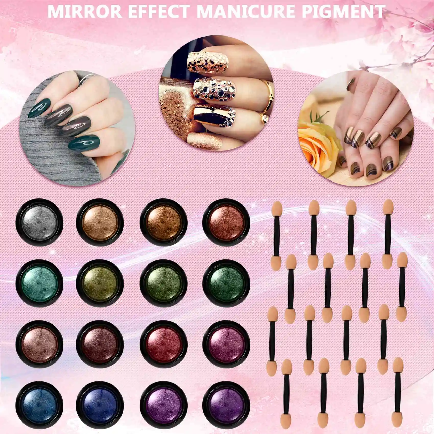 16 frascos de polvo cromado para uñas, polvo metálico para decoración de uñas, pigmento para manicura con efecto espejo y 16 Uds. De barras de sombra de ojos