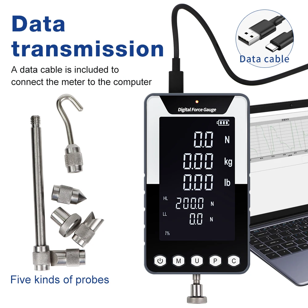 Digital Force Gauge 200N/500N Push Pull Meter Portable Force Meter Large Screen Dynamometer N Ib KG 3 Units Push Tension Meter