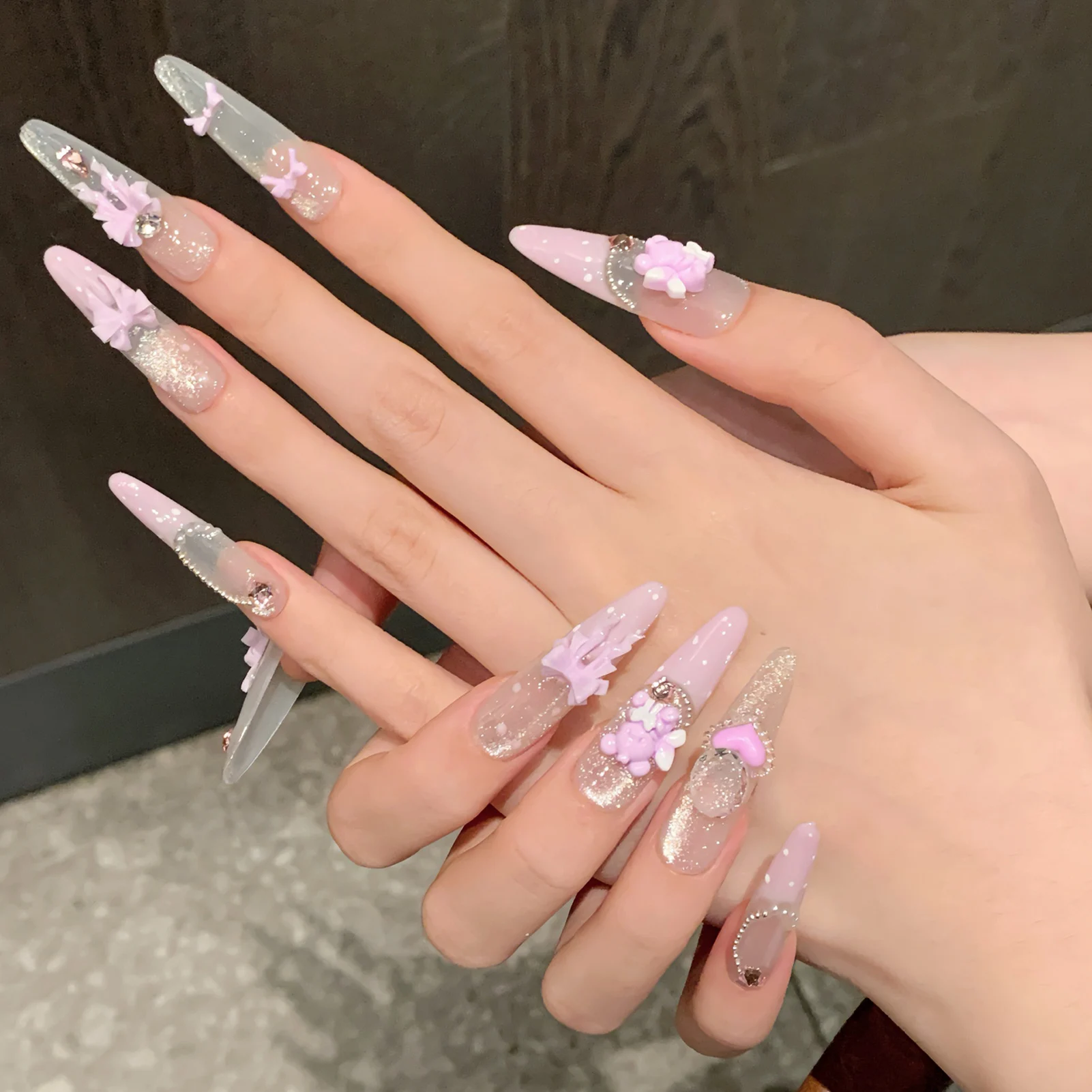 

Press On Nails Super Long Tip Purple Lace Bow Handmade False Nails Gentle French Fake Nails With Phototherapy Cat's Eye Designs