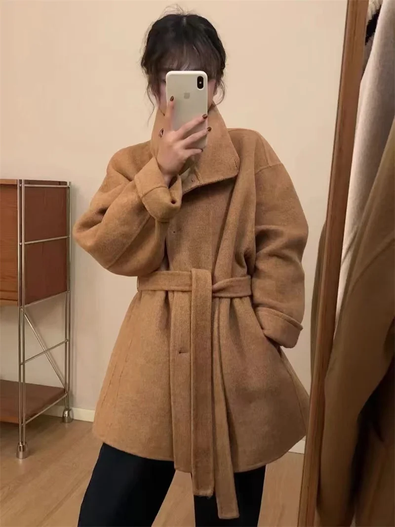 معطف شتوي نسائي طويل من الصوف Sve بحزام خصر وربطة عنق وزر واحد متعدد الاستخدامات مقاس صغير ملابس خارجية Faion #6