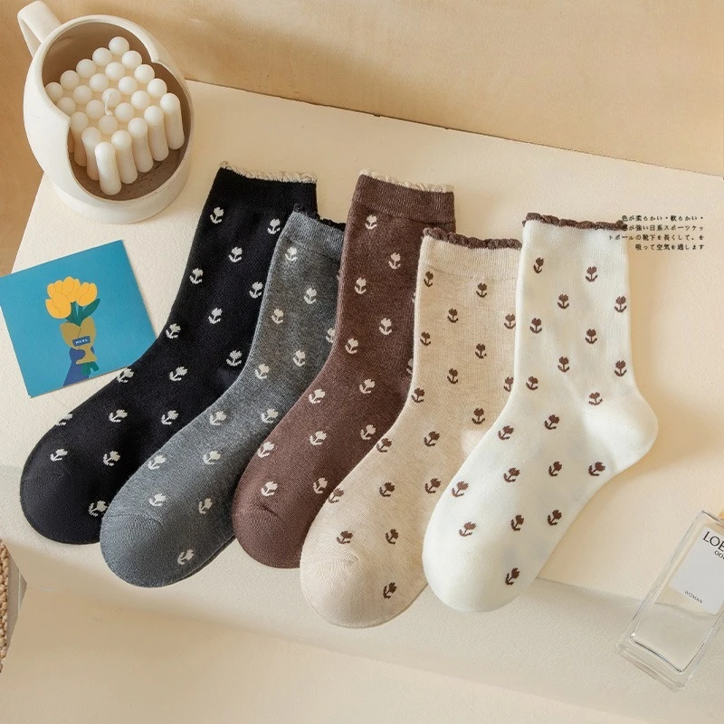 5 Pairs Women's White Cotton Socks Spring Fall Women Mid-Calf Frilly Socks with Print Cute High Quality Ankle Socks for Ladies