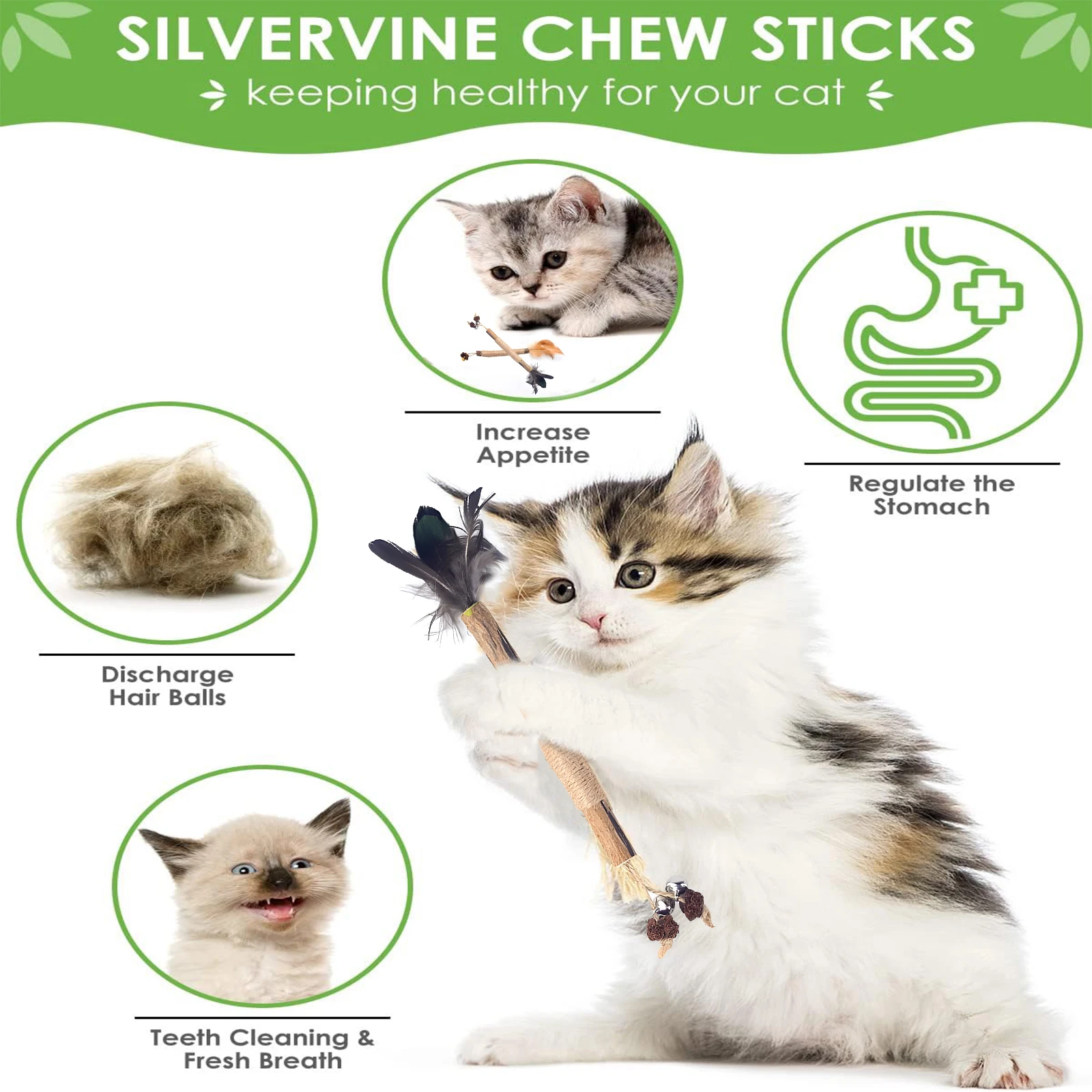 Silvervine Cat Chew Sticks, 5 Natural Catnip Chew Toys for Kitten Teeth Cleaning, Matatabi Dental Care, Increase Appetite, Sooth