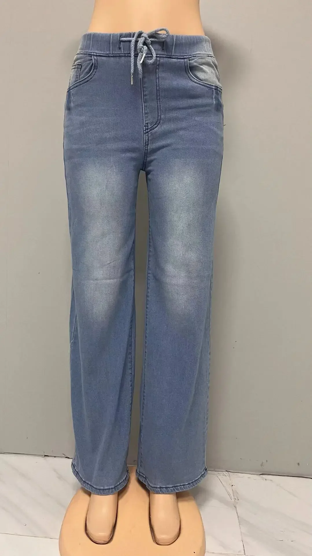 Szerokie spodnie jeansowe damskie vintage dżinsy do ziemi z wysokim stanem, sznurkiem, sprane, postarzane, z kieszeniami, streetwearowe spodnie