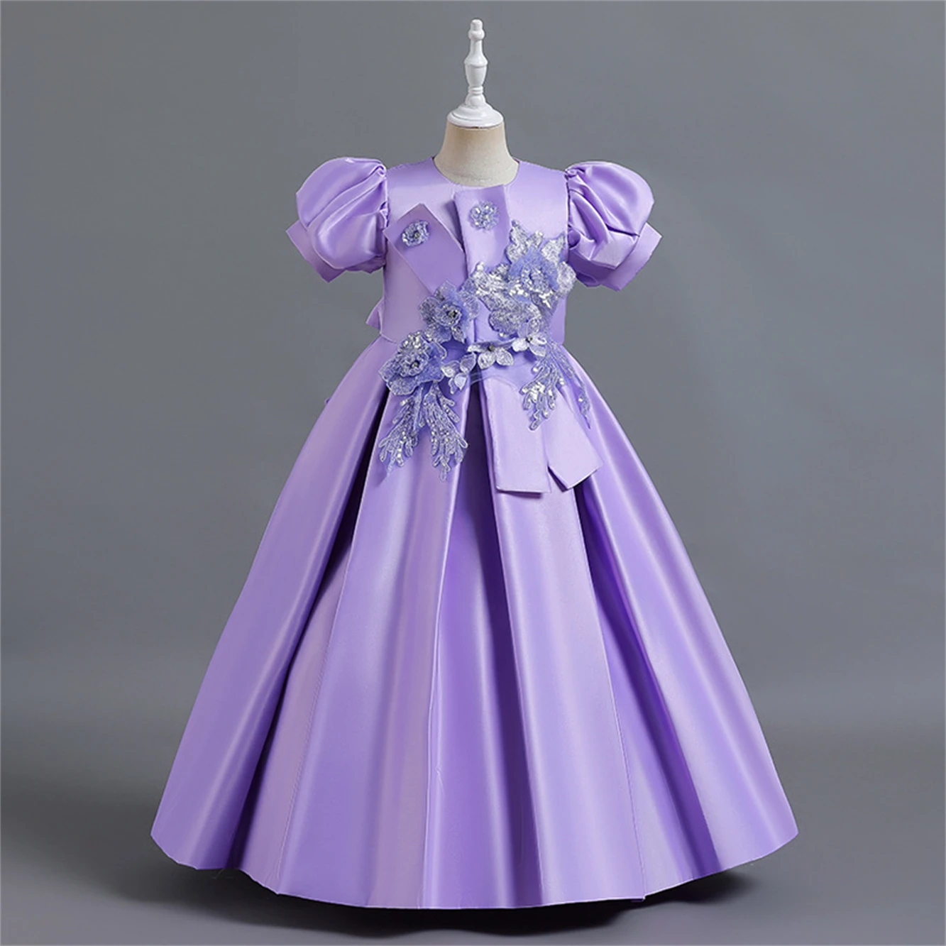 Girls Satin Handmade Beaded Puff Princess Dress Puff Sleeves Birthday Party Show Dress