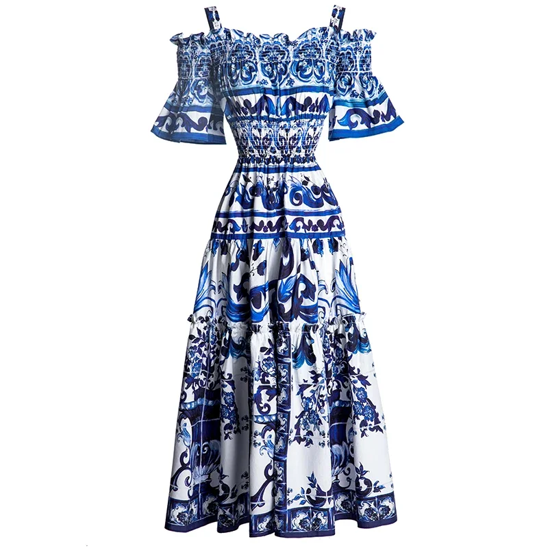 

Fashion Designer Summer Dress Women Cotton Spaghetti Strap Elastic Waist Blue White Porcelain Print Vacation Dress