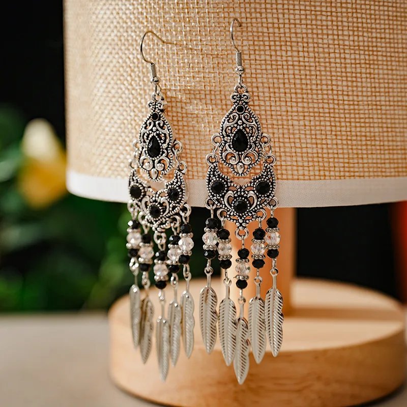 Boho Vintage Leaf Tassel Earrings For Women Geometric Crystal Rhinestone Beads Handmade Beach Vacation Drop Dangle Jewelry Gift