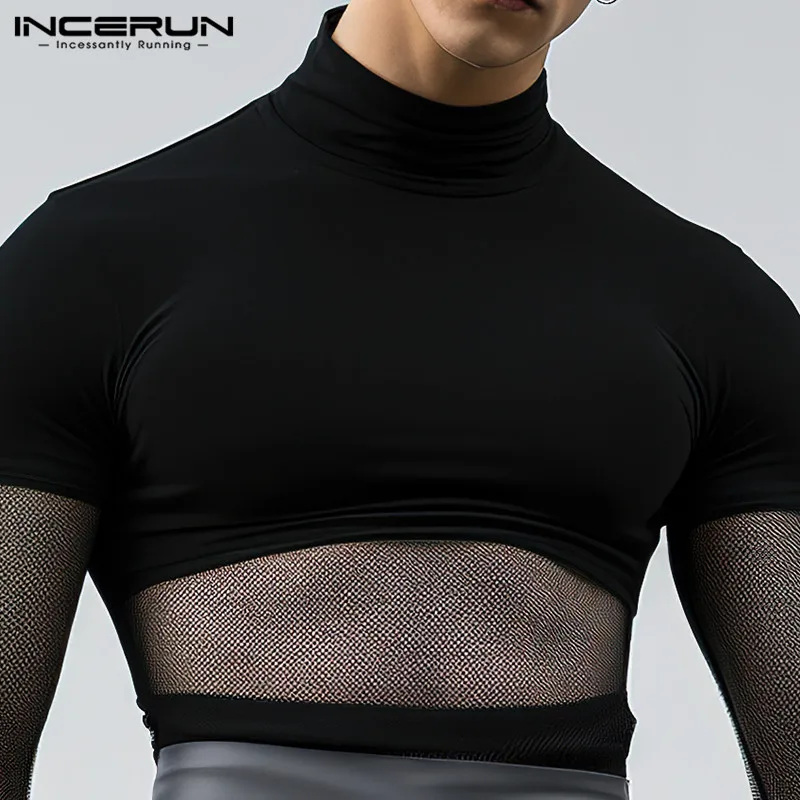 Sexy Casual Style Tops INCERUN 2024 Men\'s Mesh Splicing See-through Half High Neck T-shirts Stylish Thin Long Sleeved Tees S-2XL