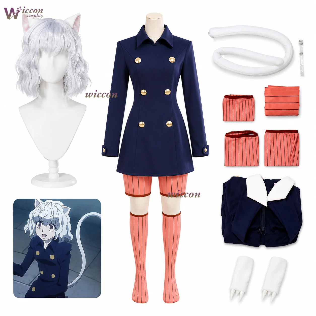 Disfraz de Cosplay de Anime para Mujer, Traje de Gato Azul Oscuro, Uniforme Escolar Universitario con Orejas y Cola de Gato, para Halloween y Juegos de Rol