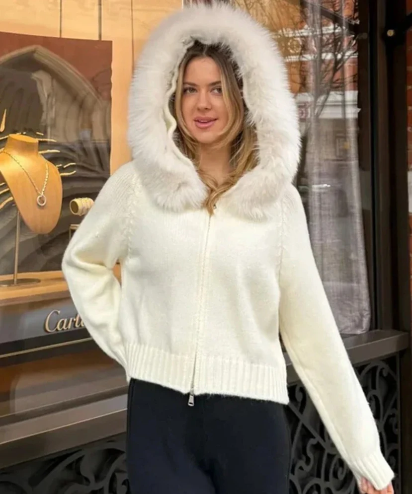 女性ニットカーディガンフード付きフェイクファー襟ジャケットカジュアルジッパーリブ袖口ルーズ