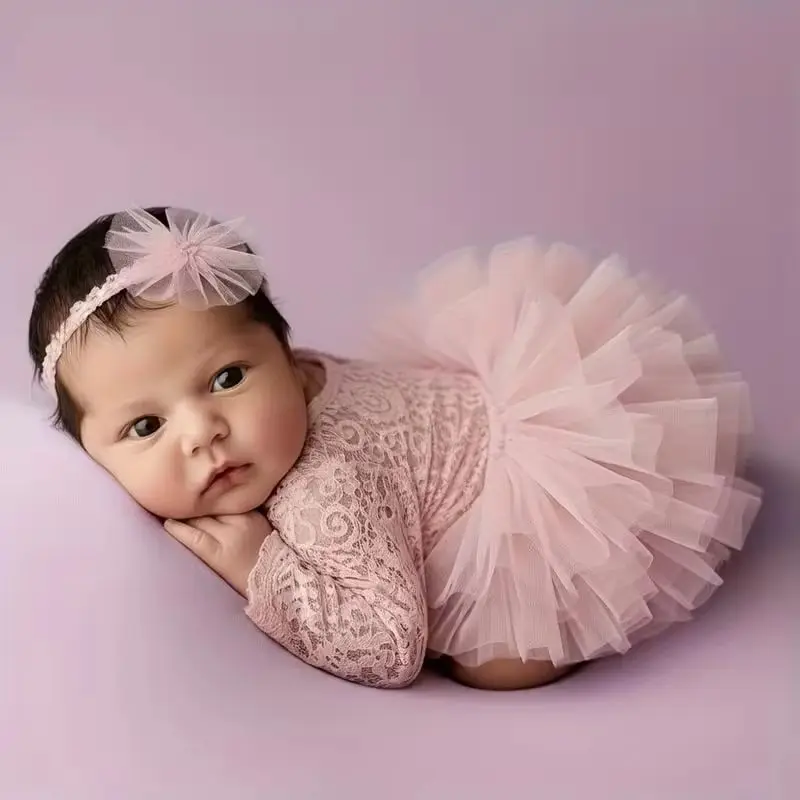 2pcs Newborn Mesh Puff Sleeve Bodysuit Photography Outfit, Baby Girl Knitted Lace Long Sleeve Romper with Headband Set