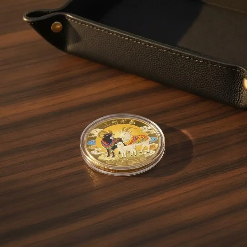 Gold Plated Retro Chinese Zodiac Goat Commemorative Coin 1Pcs with Acrylic Case Red Pouch for Vintage Collection