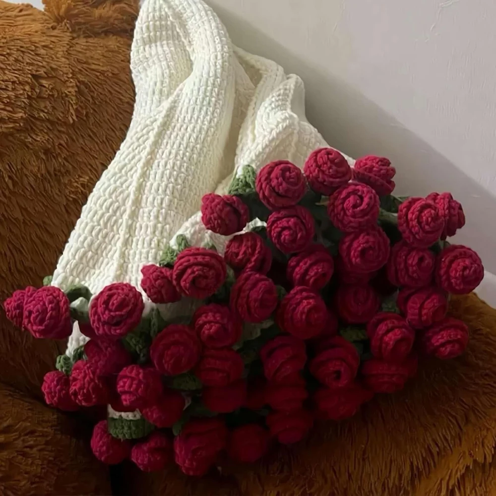 Neue fertige Blumenstrauß-Decke, weiche und leichte gestrickte Überwurfdecken für Geburtstag, Hochzeit, Valentinstag, Heimdekoration