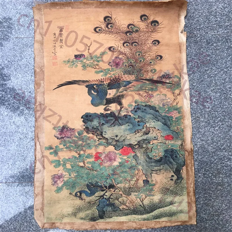 China Old Scroll Painter's Rice Paper Wall Art Slice Chen Xing's Phoenix Chart of Wealth and Prosperity  Traditional Asian Decor
