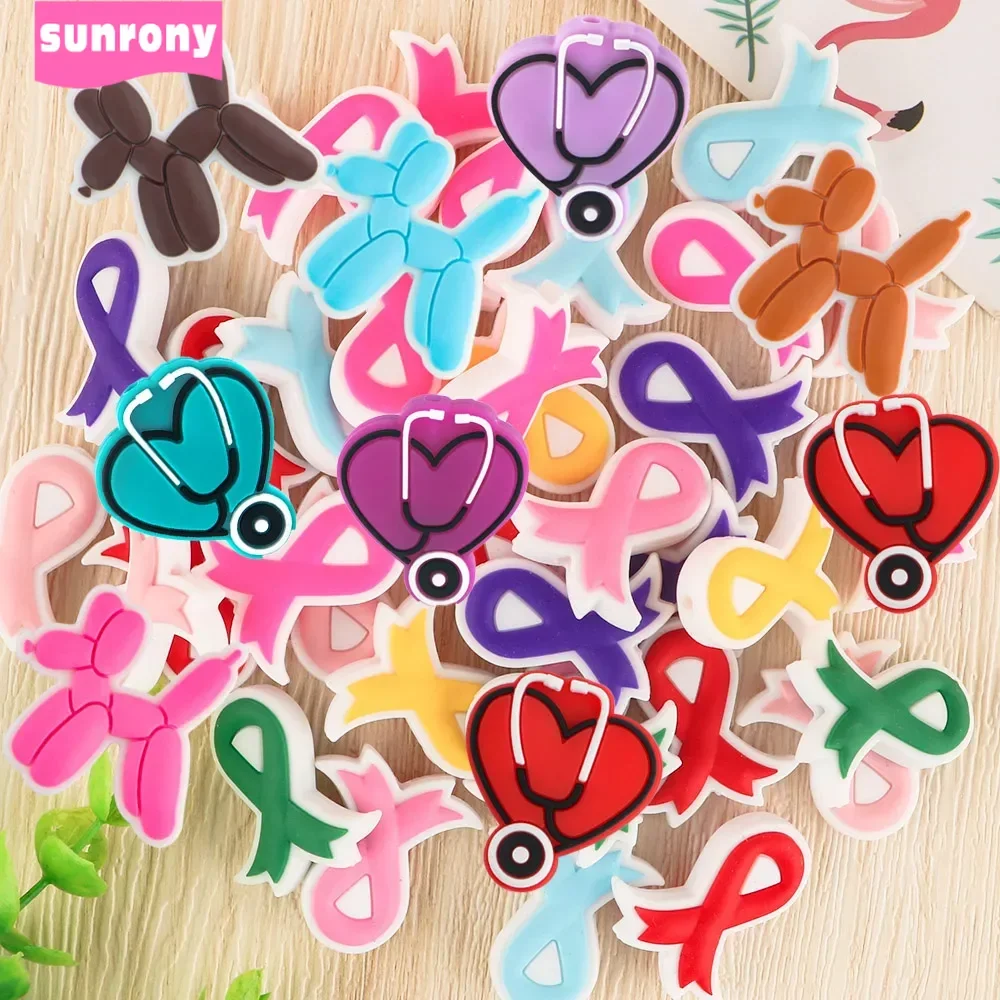 Sunrony 10Pcs Bear Ribbon Balloon Dog Baby Silicone Beads For Jewelry Making Food Grade DIY Pacifier Chain Jewelry Accessories