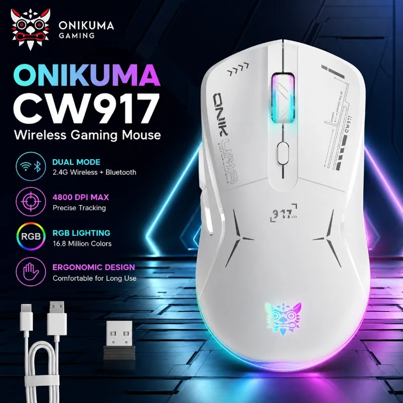 ONIKUMA CW917 Wireless/Wire Gaming Mouse Dual Mode 4800 DPI RGB Backlit Rechargeable Ergonomic Programmable for PC Laptop Gamer