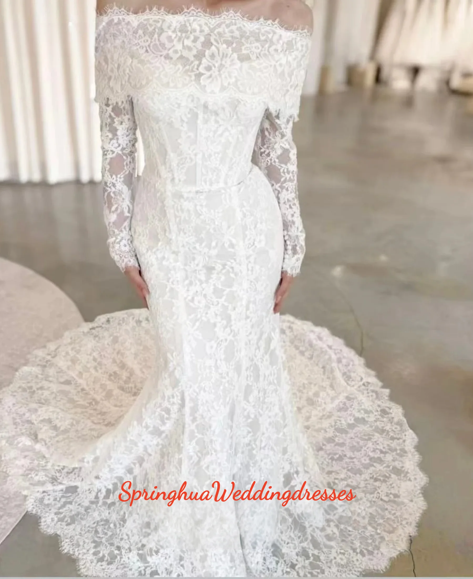 

Customized 2026Lace Wedding Dresses Off The Shoulder Full Sleeves Bridal Gowns Women Sweep Train Bride Dresses Vestidos De Novia