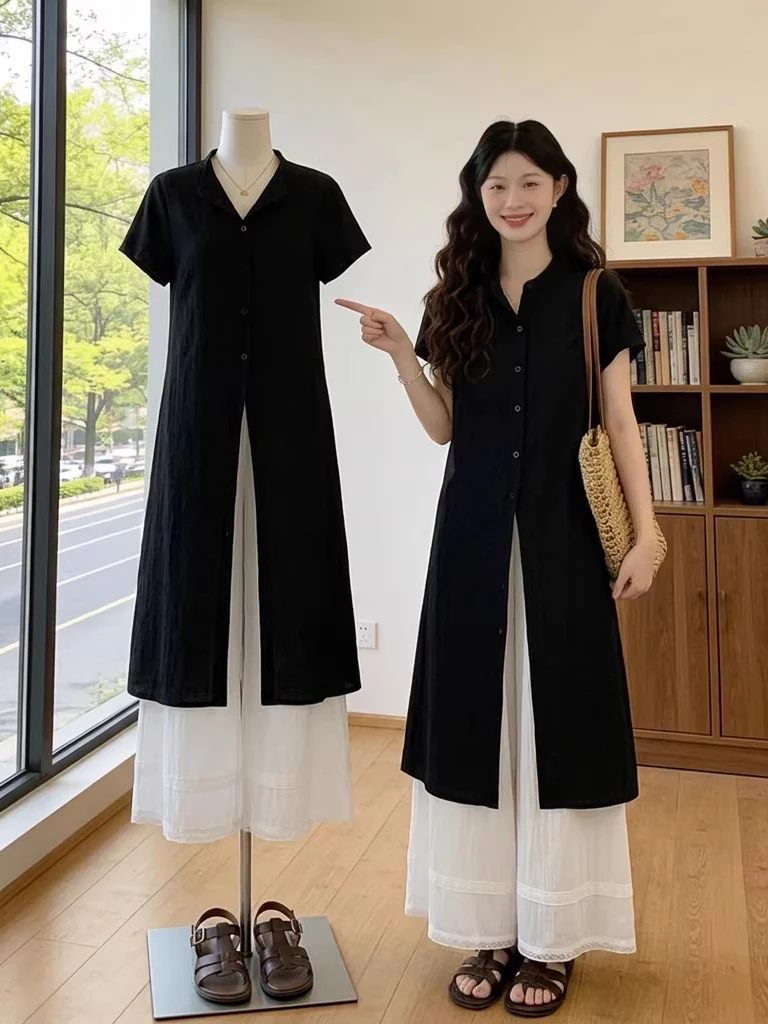 plus Size Women's Fashion Set Summer 2026 High Waist Straight Leg Black Skirt Pants Two Piece Set Pear Shape Slimming Effect