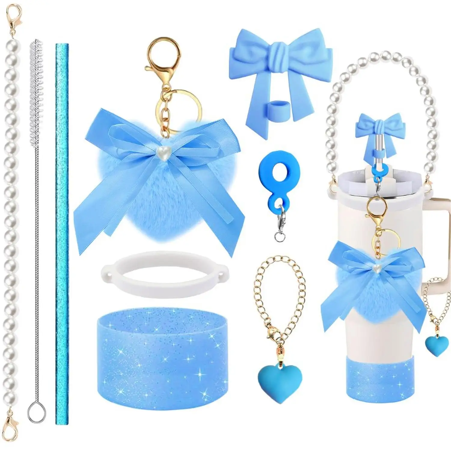 Accesorios para Stanley: Correa de mano de perlas, Colgante de lazo y pompón, Adorno para pajita, Cadena para vaso con forma de corazón - Pajitas decorativas para aisladores de bebidas