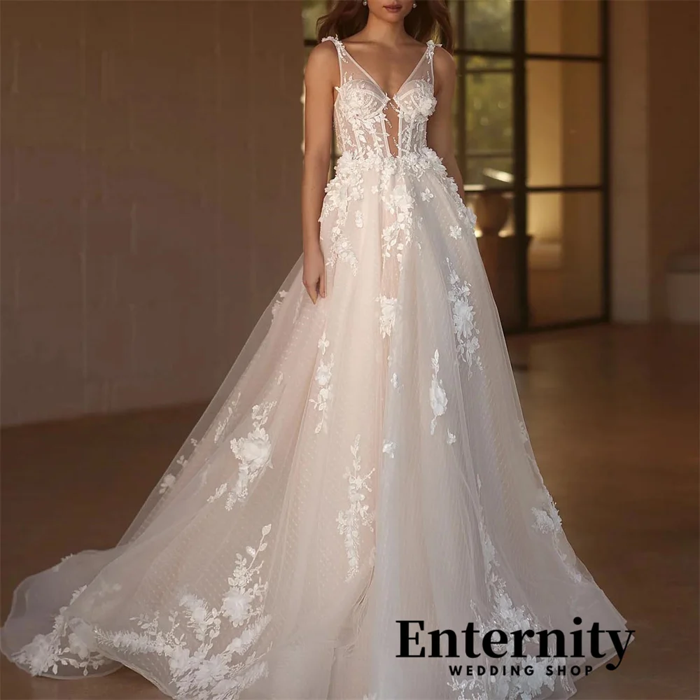 

Customized V-neck Wedding Dress Floor-length Zipper Charming Lace Applique Spaghetti Strap Bridal Gown 2024 Vestidos De Novi