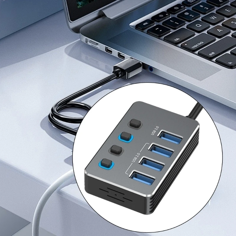 Expandable USB Splitter Adapter 4 Independent Ports USB3.0 and USB2.0 LED Indicators for Easy Device Management 77JC