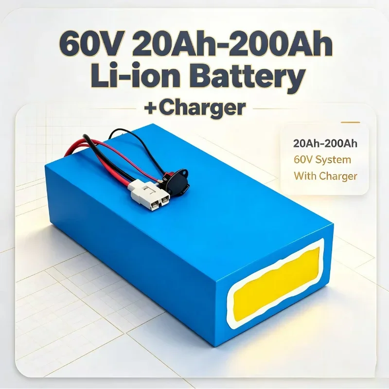 60V 17S Rechargeable Lithium Ion Battery Pack, 20Ah-200Ah, Integrated BMS, Power Source for Electric Tricycle and Industrial Mac