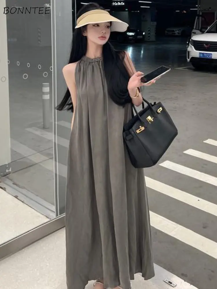 

Dresses Women Solid Holiday Romantic Streetwear European Style O-neck Simple Chic A-line Design Summer Attractive Folds Elegant