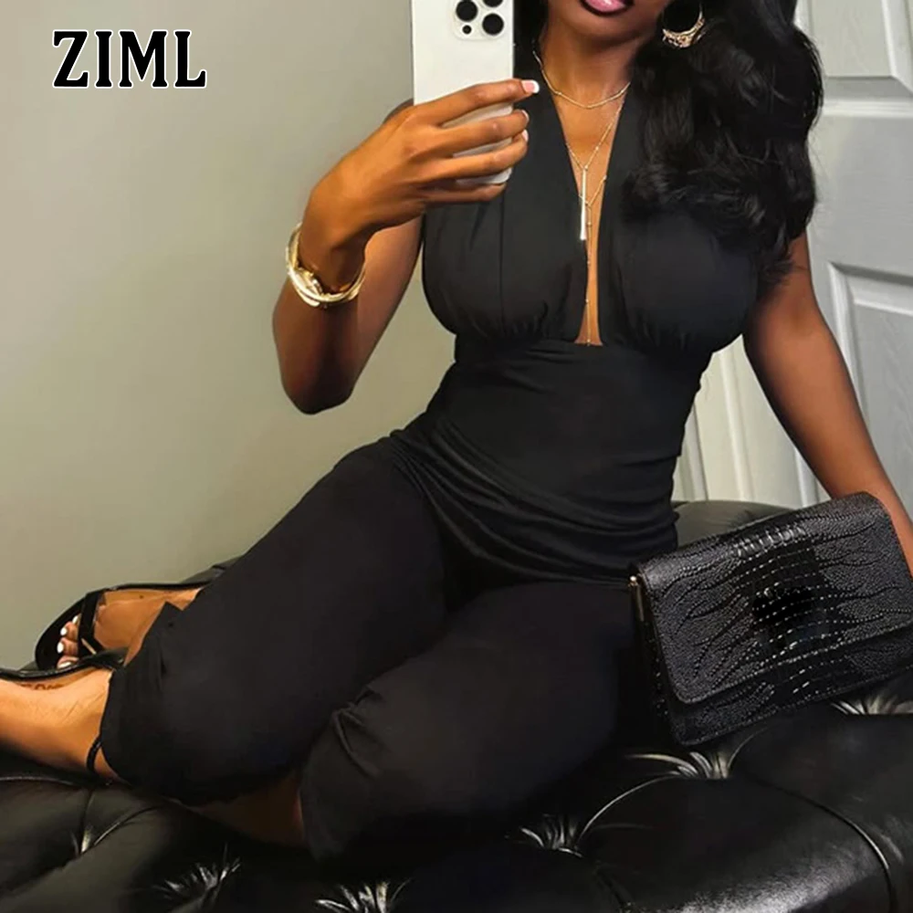 

ZIML однотонные утягивающие комбинезоны со складками для женщин, темпераментные комбинезоны с v-образным вырезом и высокой талией, женские модные летние комбинезоны