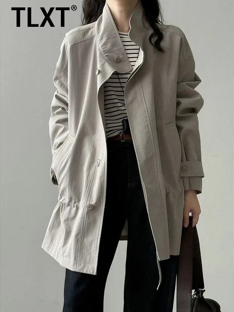 

TLXT Korean Style Elegant Women's Stand Collar Waist Drawstring Trench Coat Slimming Mid-Length Coats Female 2025 Winter New