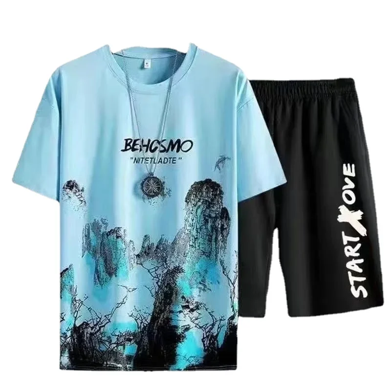 Summer T shirt for men Casual set Silk Gradient Short Men Sleeve T-shirt Shorts Set Men\'s Sport set Outfit Y2K Male Clothing