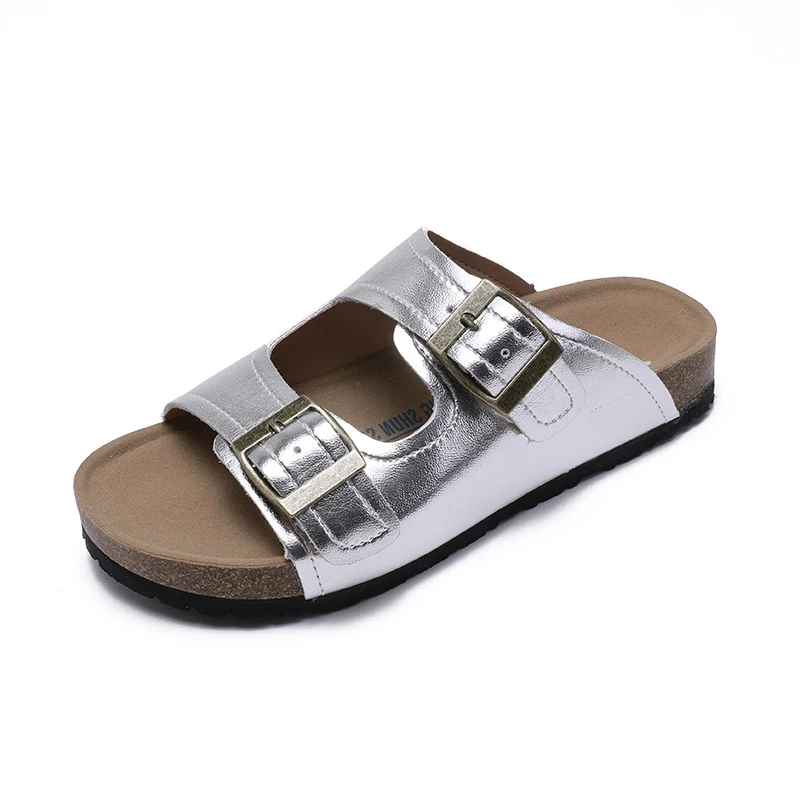 2024 Summer Women\'s Two Buckle Cork Slippers Cow Suede Leather Flats Sandals For Women Retro Fashion Garden Mule Clog Slides