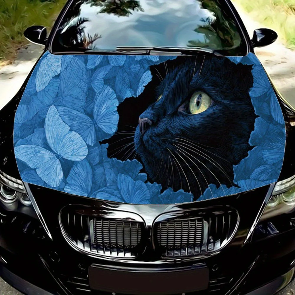 

Blue Butterfly Black Cat Pattern car hood stickers, waterproof self-adhesive, scratch resistant, easy to stick, durable car PVC