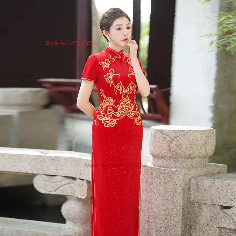 

2025 chinese vintage dress improved cheongsam national flower embroidery qipao dress traditional banquet evening dress vestido