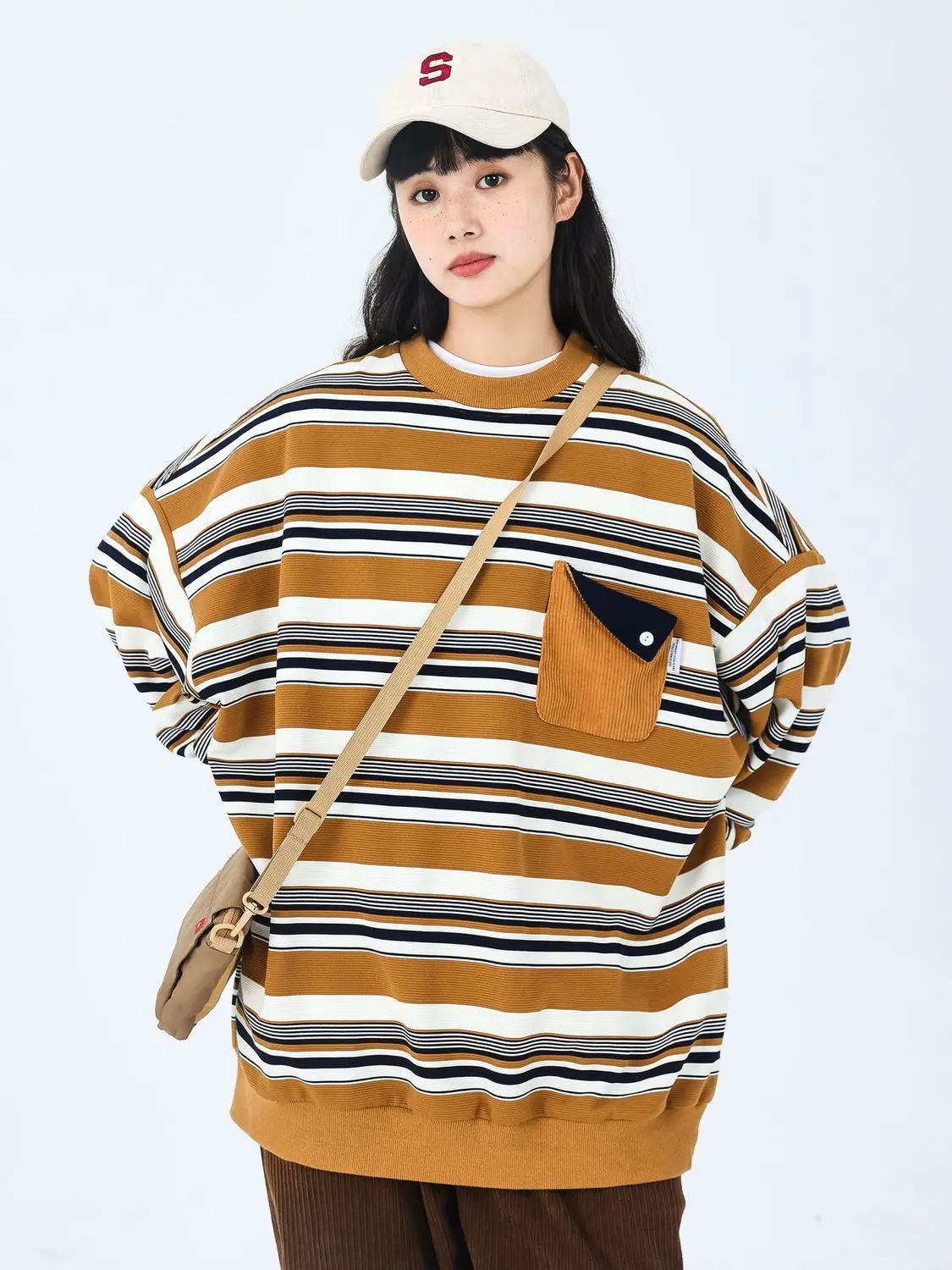 Trendy Autumn Korean New Patchwork Pocket Striped Sweatshirts for Men and Women Personalized Round Neck Couple Long-sleeved Tops