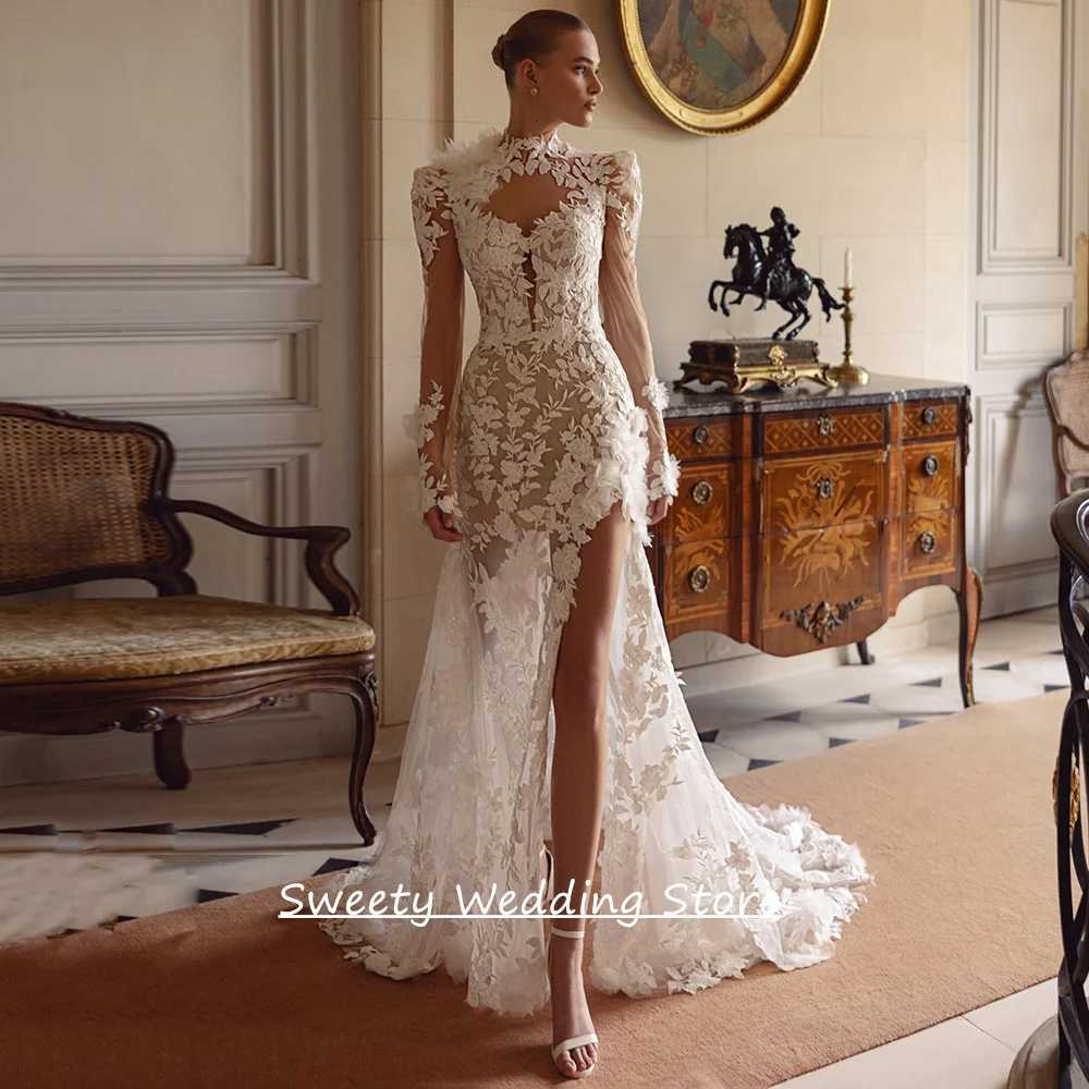 ชุดแต่งงานเซ็กซี่สำหรับเจ้าสาวหญิง ออกแบบตามสั่ง คอสูง แขนยาว แต่งลูกไม้ลายดอกไม้ ชายกระโปรงยาวแบบหางปลา ชุดเจ้าสาวแบบ Robe Mariee