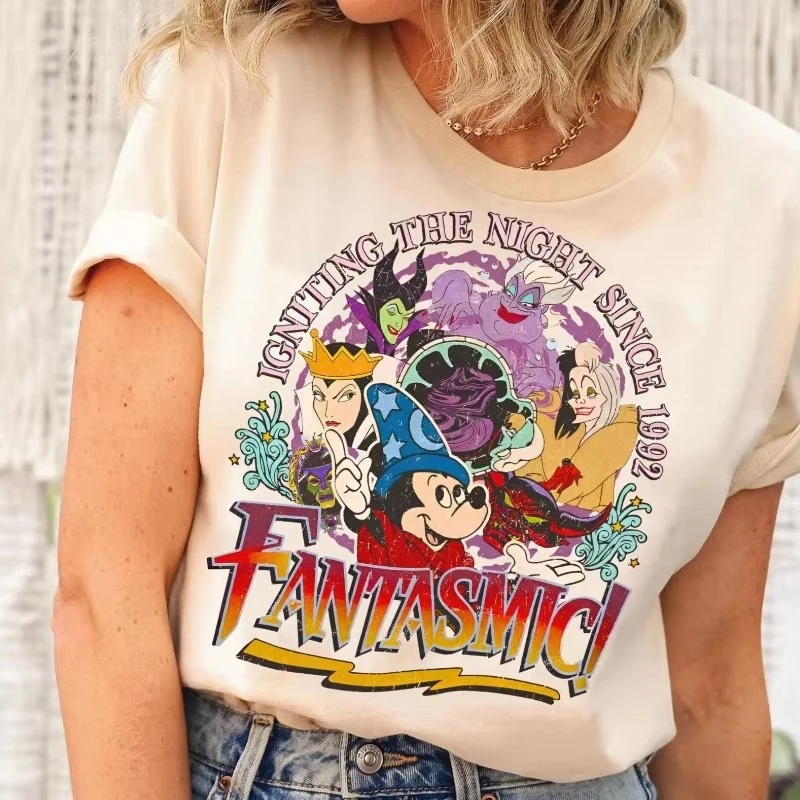 

Мода Disney 2026, новинка, женская одежда с принтом Микки Фантазии и Диснея, высокое качество, свободный хлопок, большие размеры, с коротким рукавом