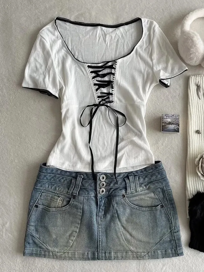 

Woman Clothes T shirts Bow Cute Lace Korea Trend Strap Y2k Tshirt 2000s Clothing Short-sleeved Female Kpop Elegant White Top Tee