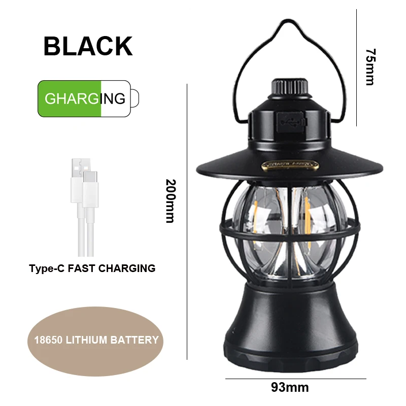 Retro Oudoor Hooking Camping Lamp Fishing Light Stepless Dimming Waterproof Portable Inspection Lamp USB Type-C Rechrage