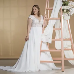 Pastrol Plus Size Wedding Dresses V-Neck Short Sleeves Zipper Bride Gown Chiffon A-Line Sweep Train Bespoke Occasion Dresses