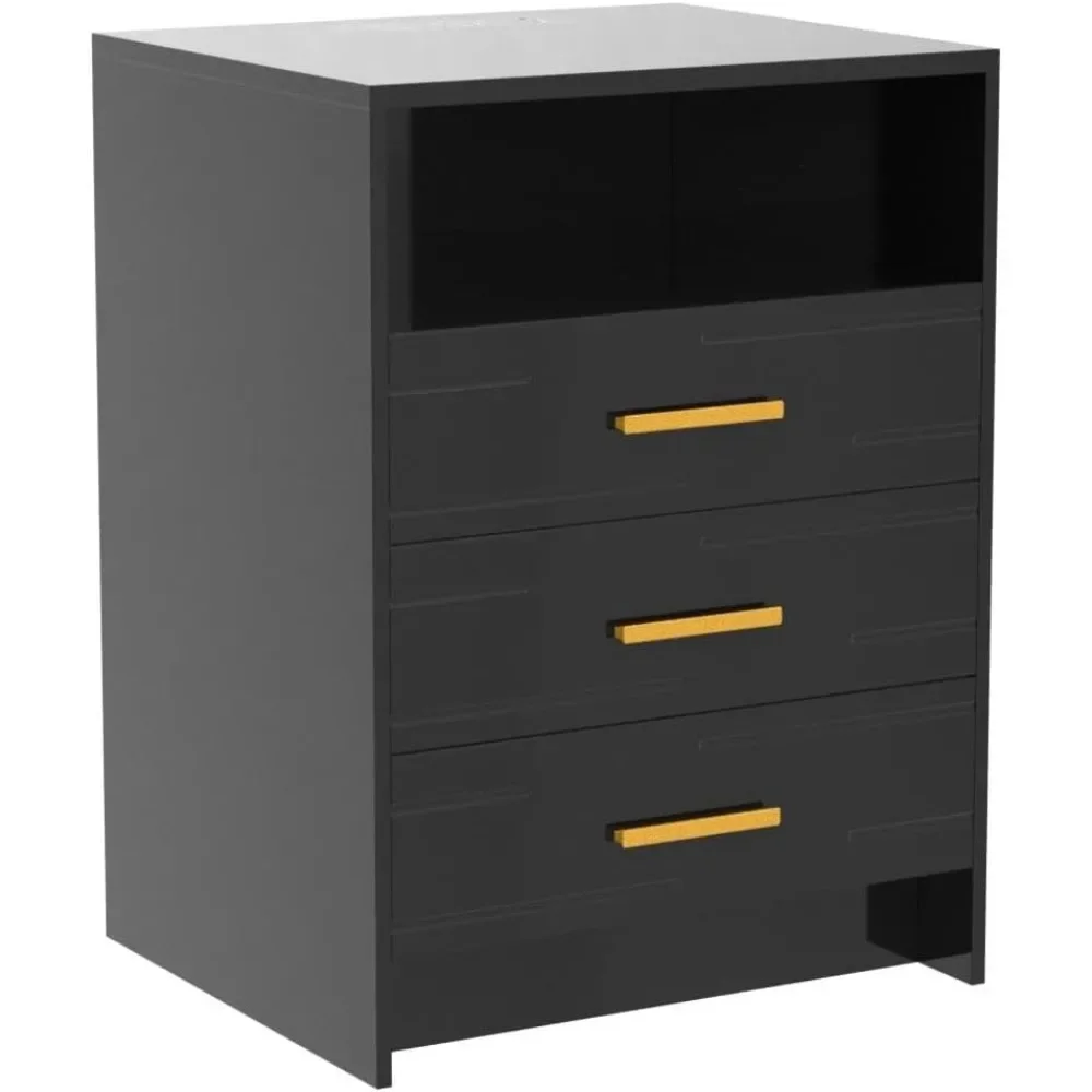 Nightstands, Black with Wireless Charging Station and Lights, 3 Drawers, Modern Bedside Table, Nightstands