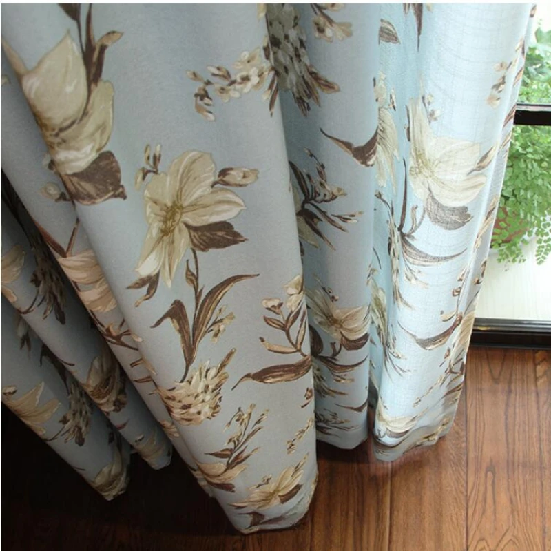 Grey Blue Lily Flower Art Fan Xiaoqing's New Curtains for Living Room Cotton and Linen American Printed Home Custom Curtains