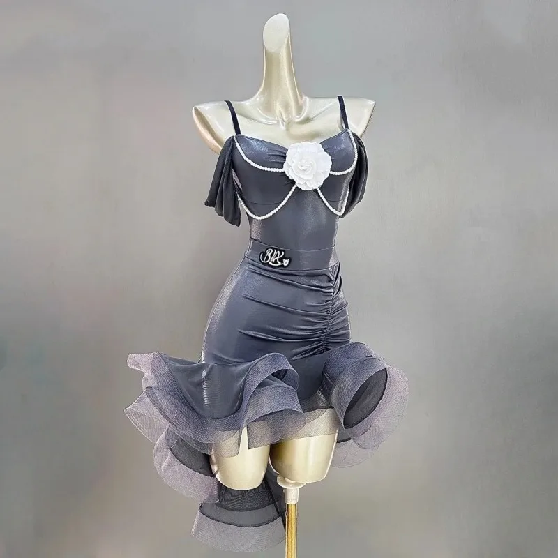

Latin Dance Performance Competition Costume Girls Mesh Fish Bones Standard Dress Elegant Training Dancewear Suit for Adults