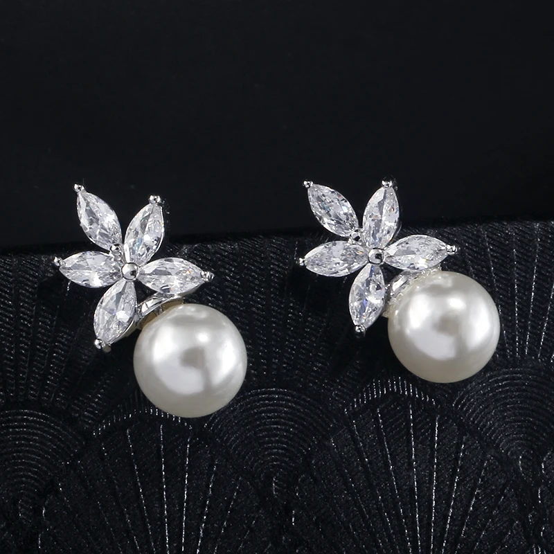 ZAKOL Clear Marquise Zircon Imitation Pearl Stud Earrings Temperament Bridal Wedding Party Jewelry