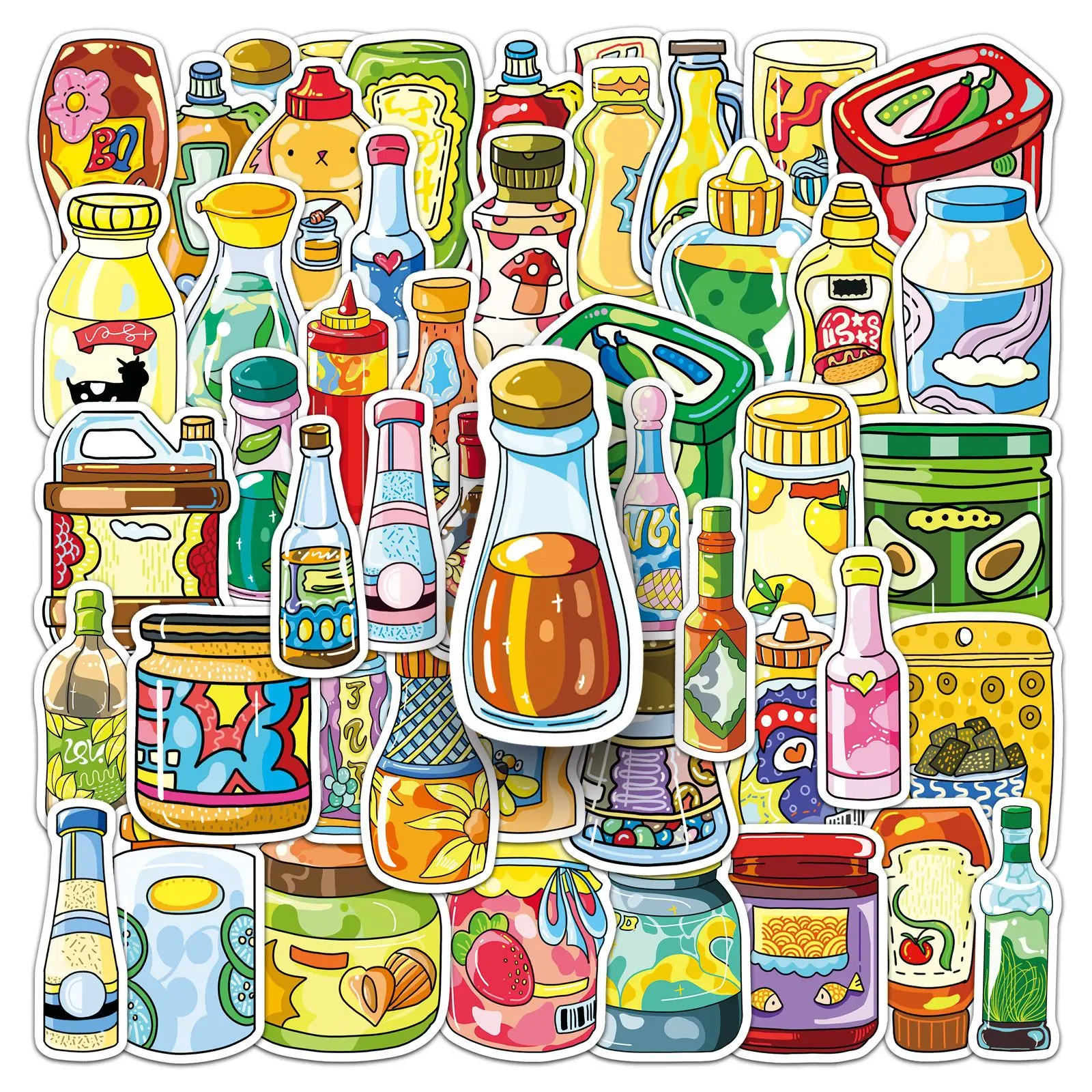 Juego de 51 Pegatinas de Botellas de Salsa de Dibujos Animados, Pegatinas Decorativas Impermeables para Contenedores de Condimentos, para Álbumes de Recortes, Fundas de Teléfono