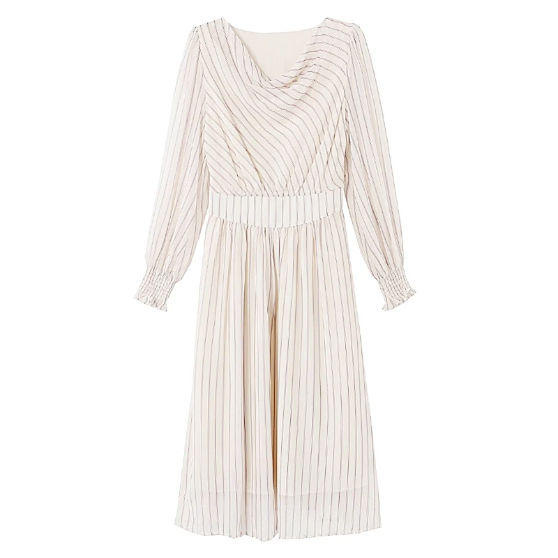 Spring Autumn Striped Chiffon Casual Beach Midi Dress Women Korean Fashion Elegant Prom 2026 Chic Luxury Party Evening Dress