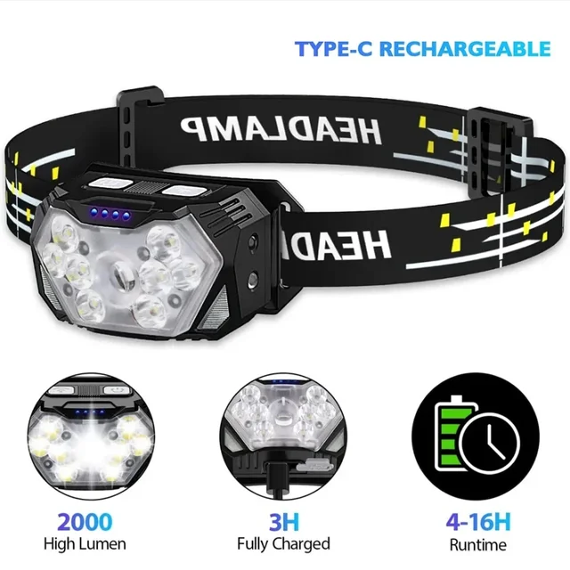 9 diod LED Mocne światło Przenośna latarka czołowa Możliwość ładowania przez USB z czujnikiem ruchu Lampa czołowa Zewnętrzna wodoodporna Latarka kempingowa