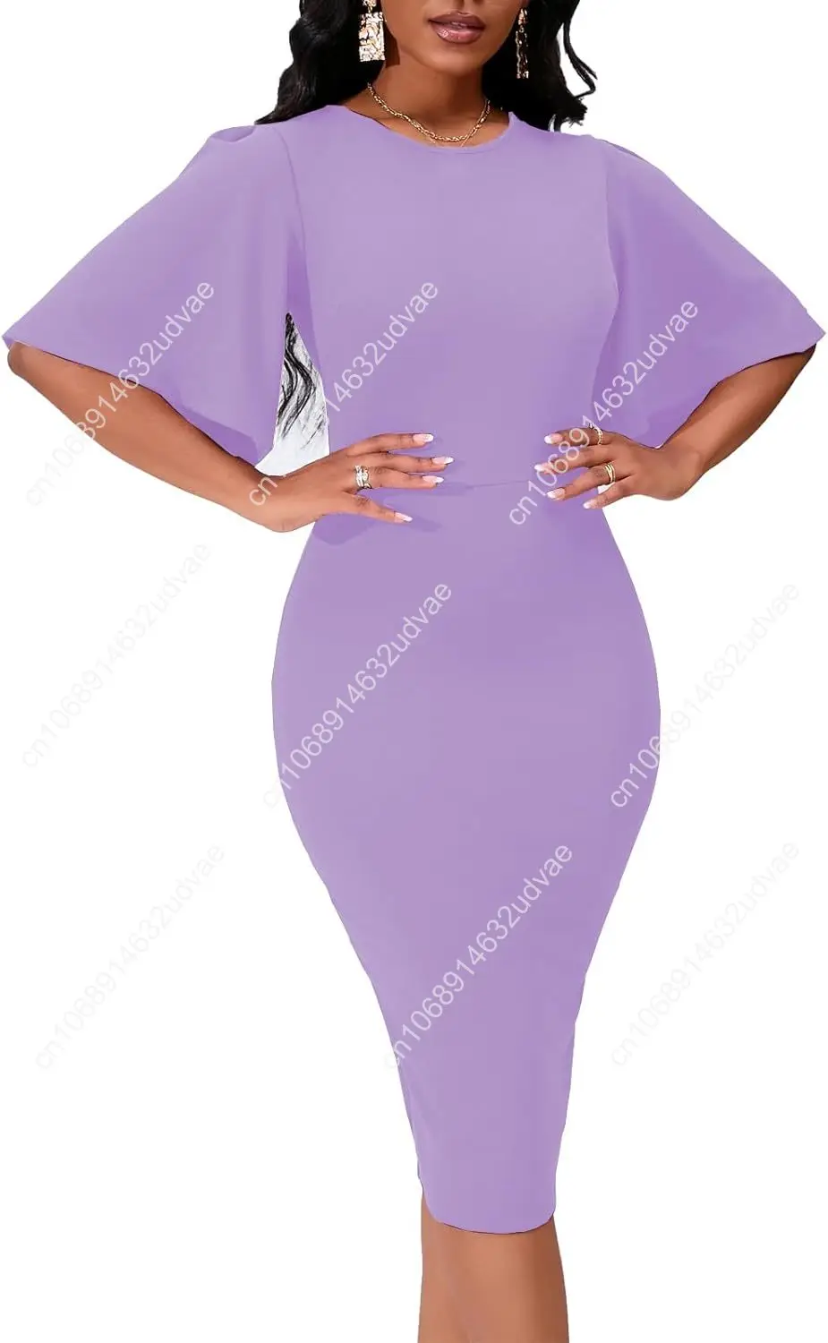 Womens Bodycon Ruffle Flared Short Sleeve Work Midi Dress Business Office Casual Pencil Dress