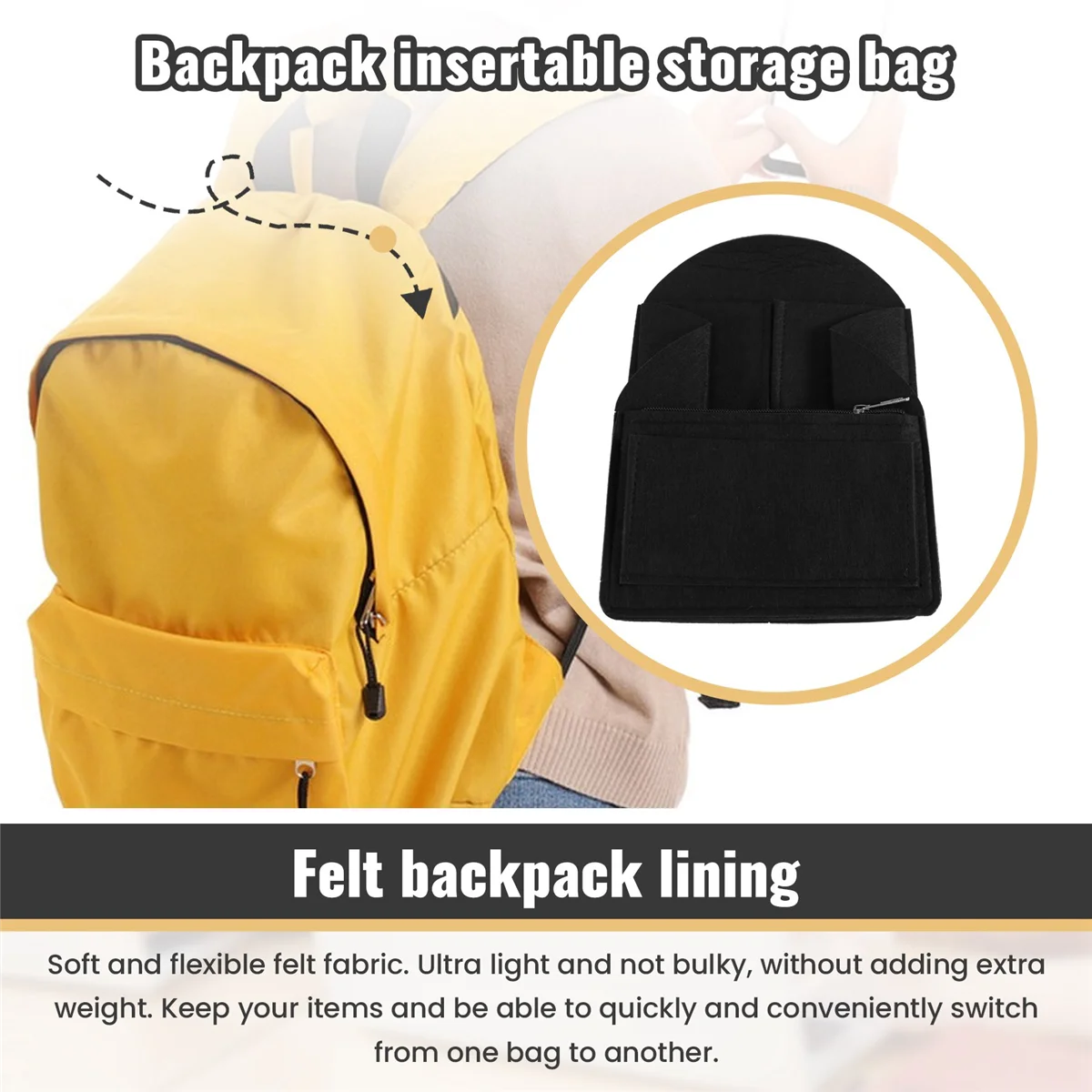 

WFF Felt Backpack Insert Organizer Storage Bag Universal Bag In Bag Men Women Shoulder Tote Bags Handbag Organizers(Black)