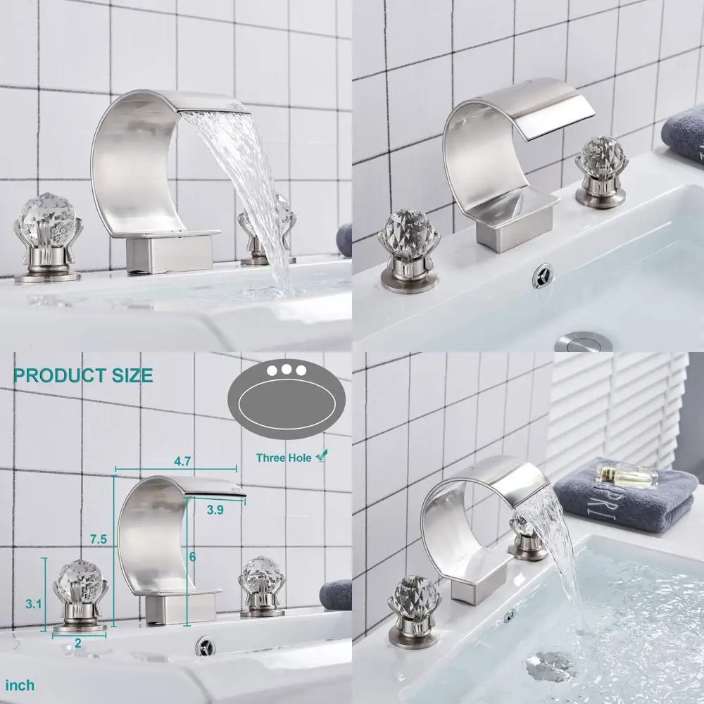 

NeierThodore High Arc Waterfall Widespread Bathroom Sink Faucet 2 Crystal Handles 3-Hole 8-Inch Vanity Basin Mixer Tap Chrome Fi