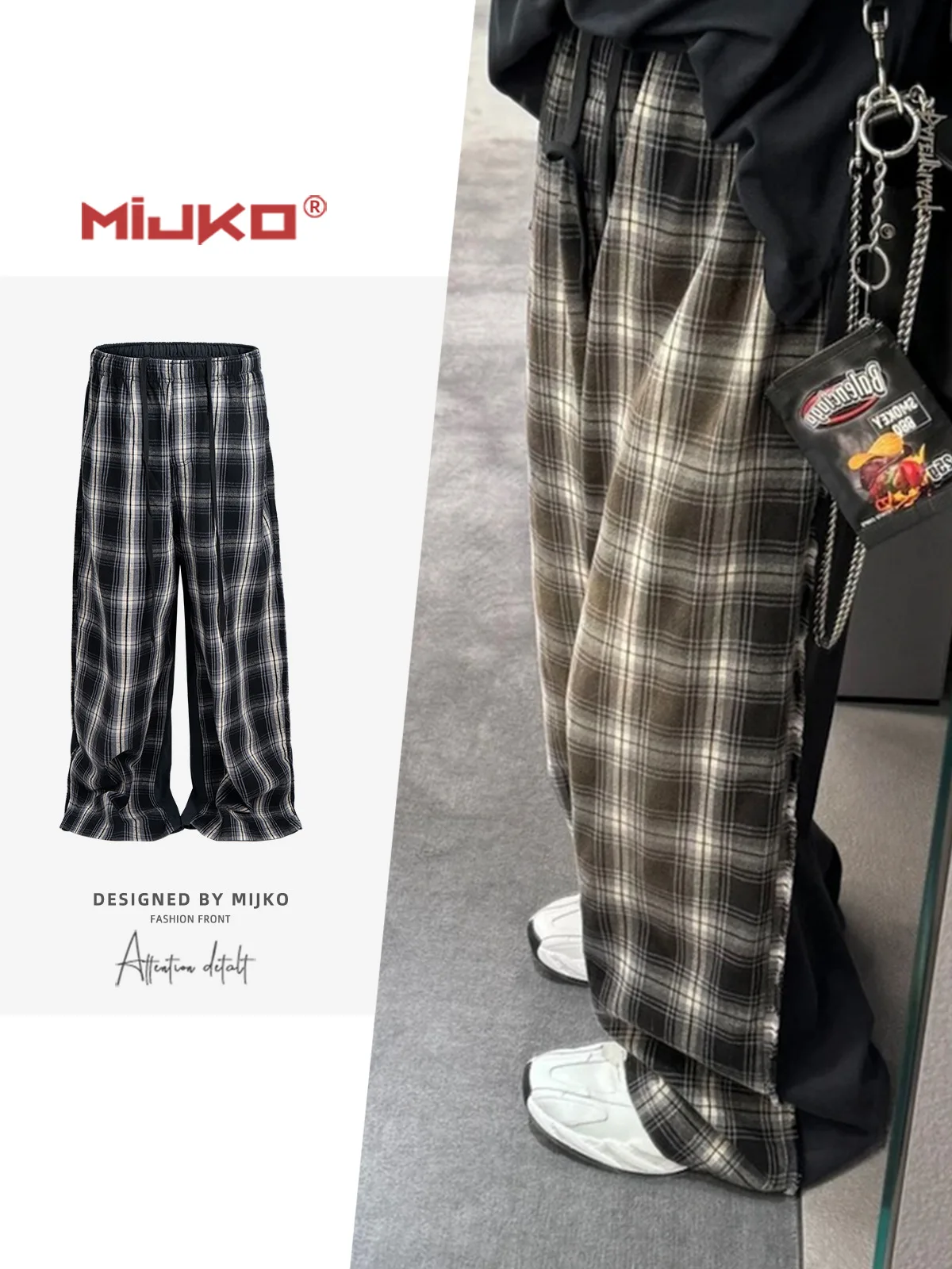 MIJKO Unisex Plaid Deconstructed Spliced Casual Pants with Drawstring Trendy Spliced Trousers ZJ109