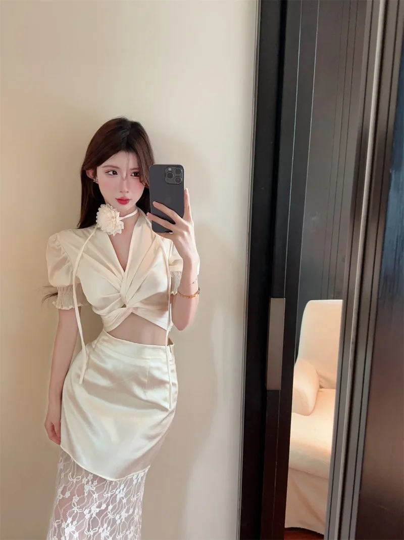 

French Style Suit Women's Summer Flower V-neck Satin Short Shirt High Waist Lace Skirt Two-piece Set Fashion Female Clothes